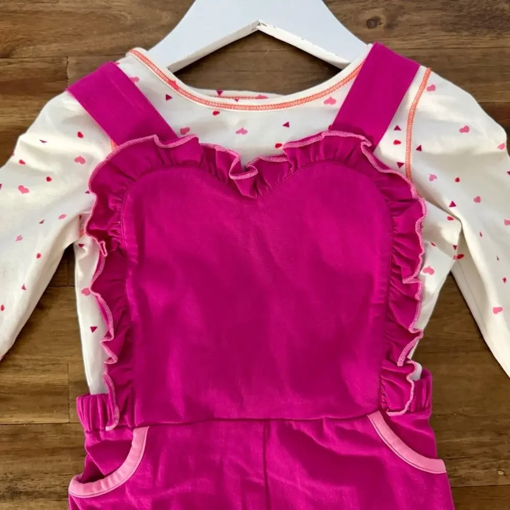 Wildflowers Girls First Love Pink Ruffled Overalls with Cream Heart Top Set 4